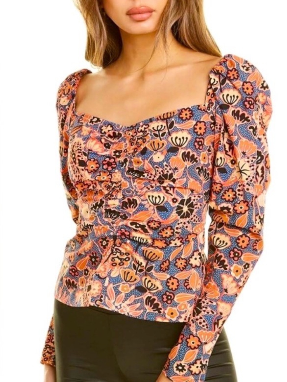 ALC Chandler Navy Chestnut Long Puff Sleeve Blouse Top Shirt XS XSmall Ruched